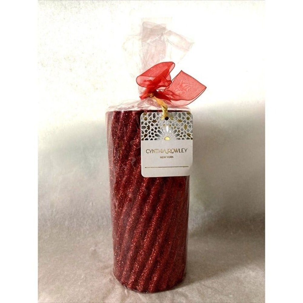 CYNTHIA ROWLEY CHRISTMAS RED GLITTER DECORATIVE CANDLE 6" x 3" WAVY RIBBED DECOR